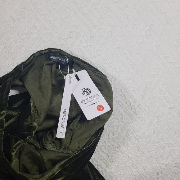 Merokeety Velvet one shoulder green dress Size Medium Goblincore Witchy Cocktail - Picture 8 of 11